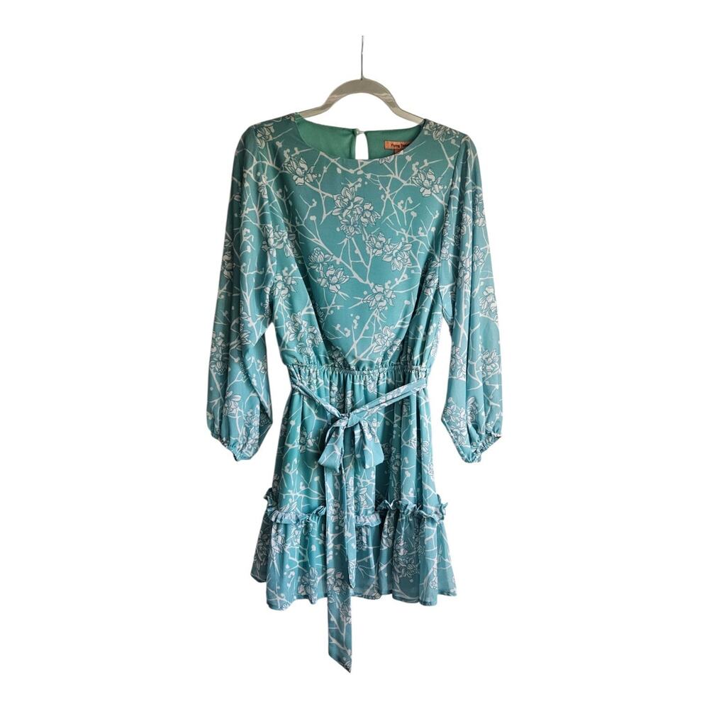 FLYING TOMATO Womens Dress Sz SM Floral L/S Ruffle Hem Belted Sheer Sleeves